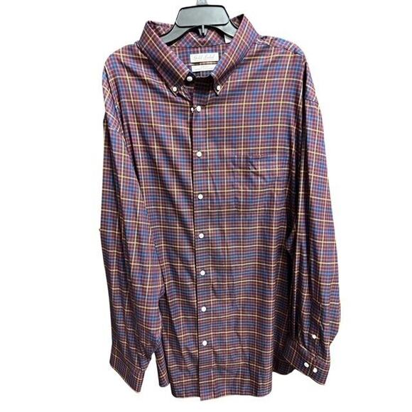 Gold Label 4XT Shirt Blue Red Orange Plaid Non-Iron Cotton Pocket Resists Fading - Picture 1 of 4